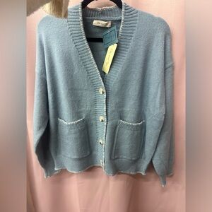 Blue V-Neck Button Cardigan Sweater